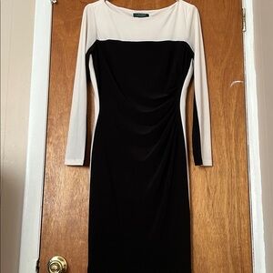 Ralph Lauren Elegant Cream and Black Dress Size 10, 95% polyester 5% Elastane